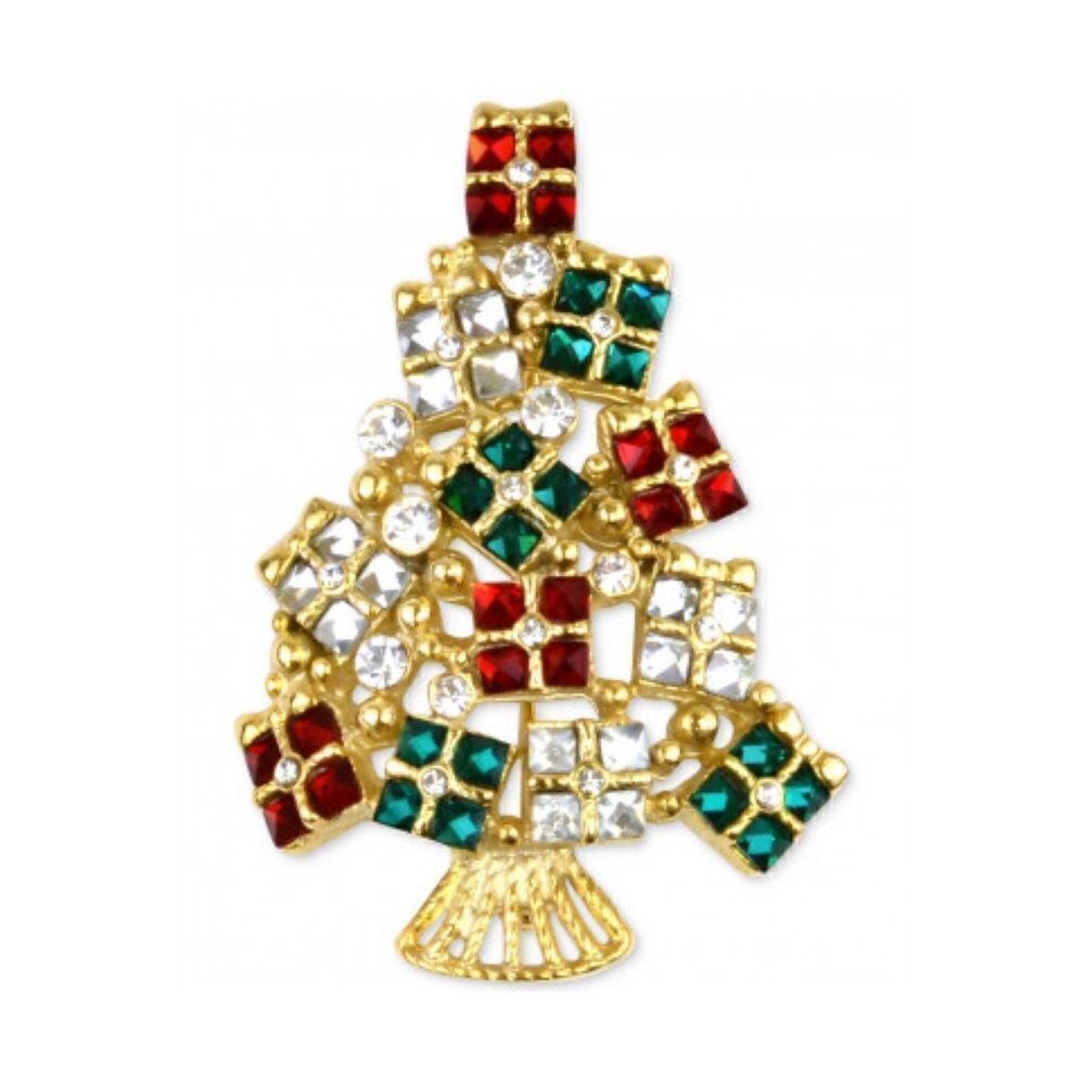 Holiday Lane Charter Club Gold-Tone Crystal Gifts Tree Presents Pin Brooch NWT